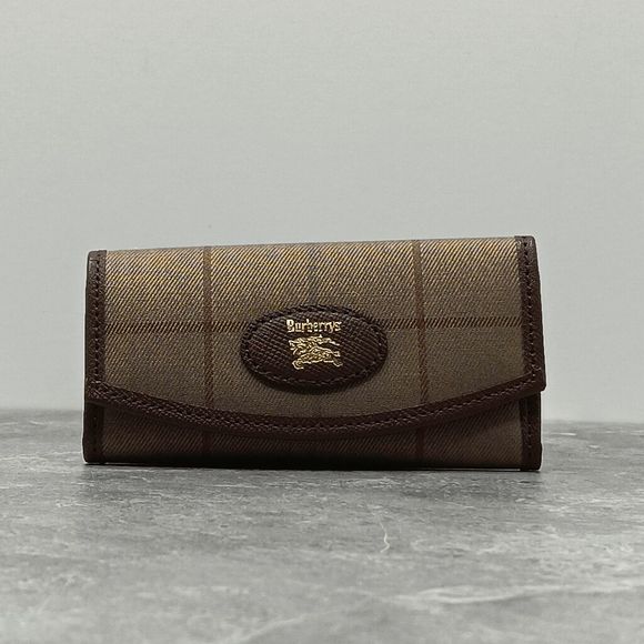 4NWOT Burberry Plaid 4 Leather Canvas Gold Ring Compact Small Sz Key Case Pouch - Picture 1 of 10